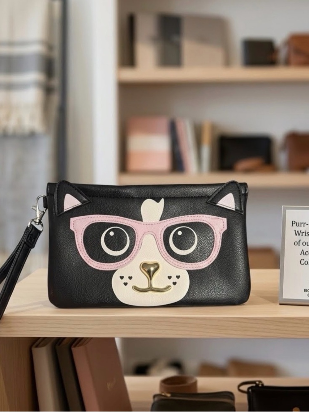 Luv Betsey Johnson Black Cat Face Wristlet Clutch Pink Glasses EUC